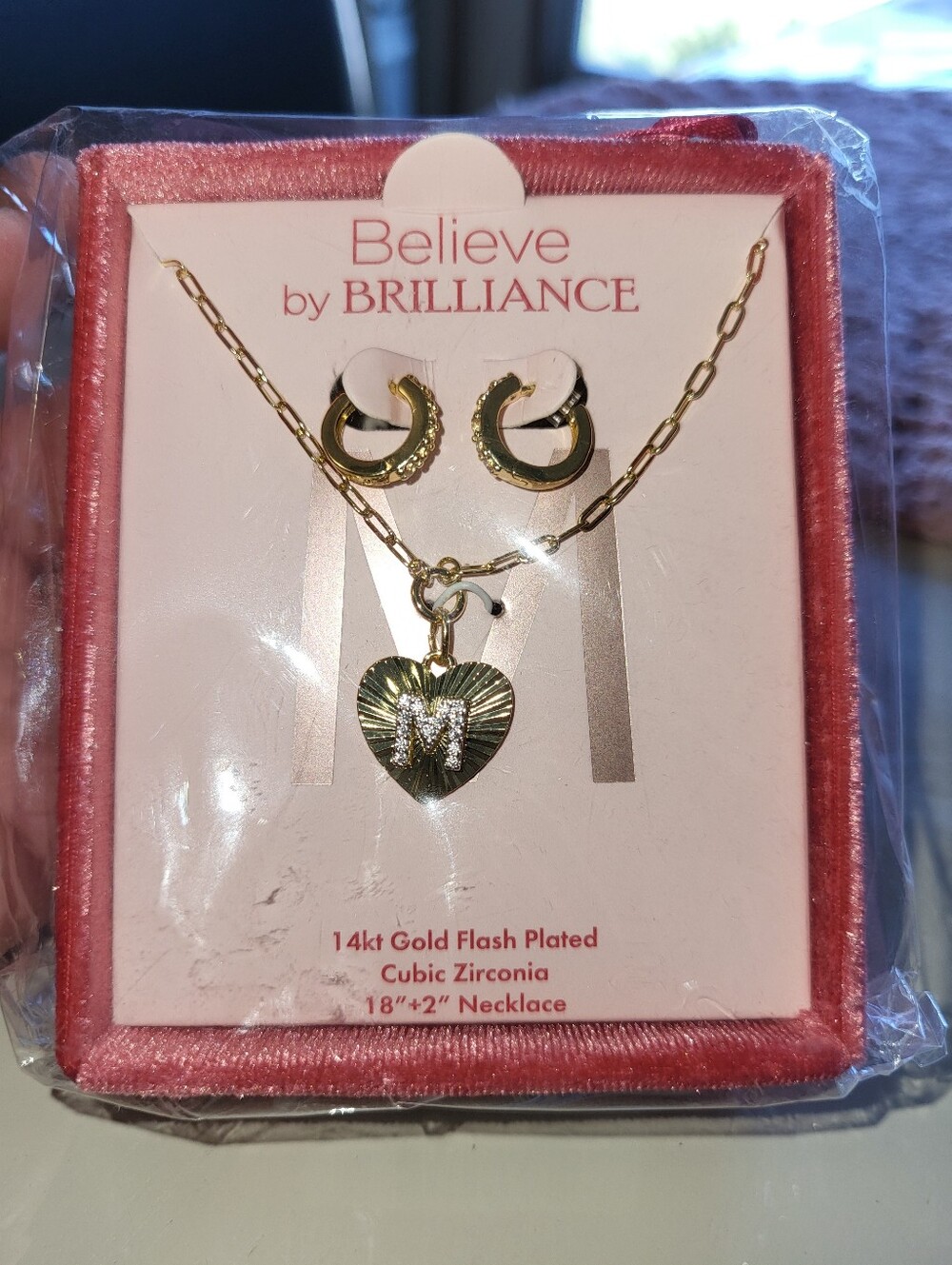 Believe by Brilliance Gold Heart Initial M Necklace and Hoop Earring Set